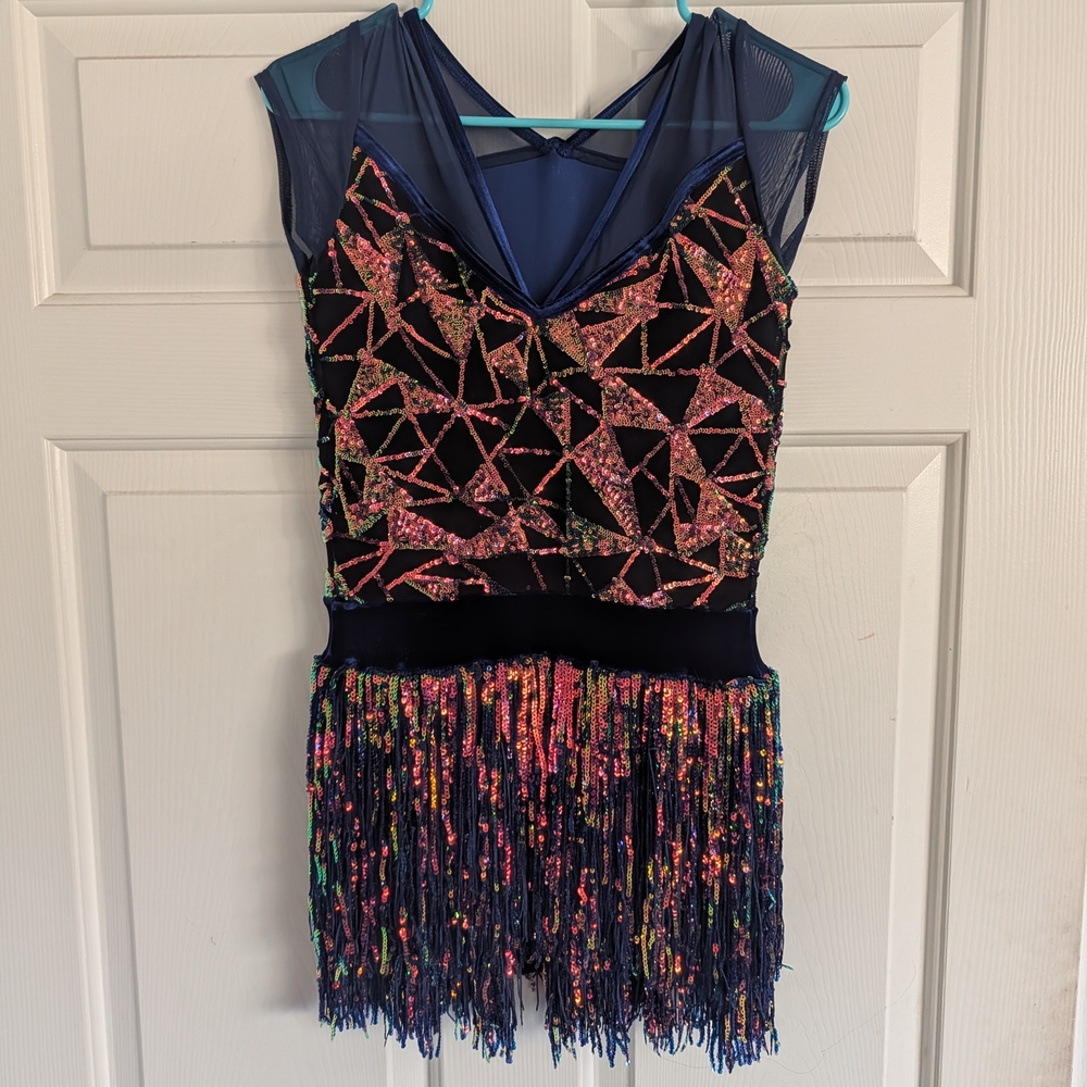 Weissman Blue Sequin Dress with Fringe